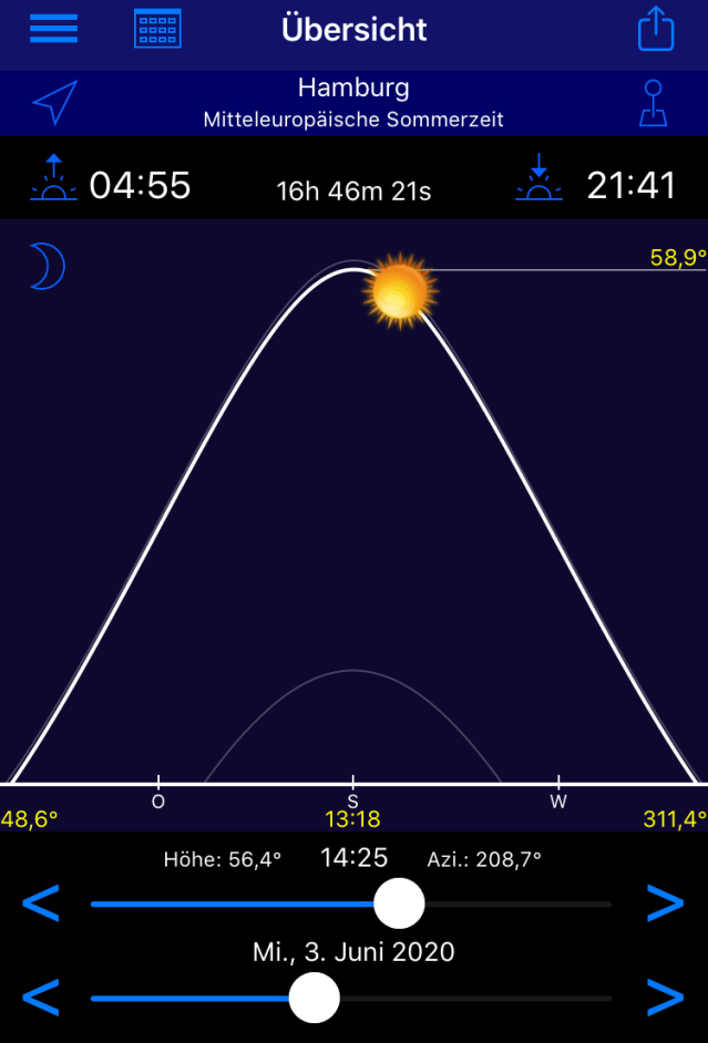 App, Sonne, Sonnenaufgang, Sonnenuntergang, Mond, Dämmerung, Blaue Stunde, Azimut, Tageslänge, Sonnenlauf, Jahreszeit, Deklination, Zeitraffer, Goldene Stunde