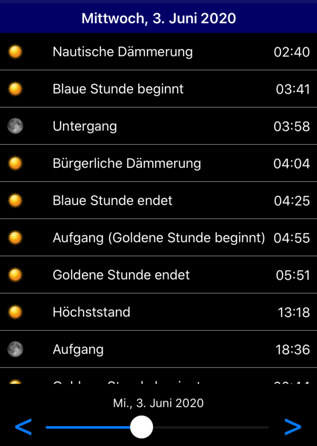 App, Sonne, Sonnenaufgang, Sonnenuntergang, Mond, Dämmerung, Blaue Stunde, Azimut, Tageslänge, Sonnenlauf, Jahreszeit, Deklination, Zeitraffer, Goldene Stunde
