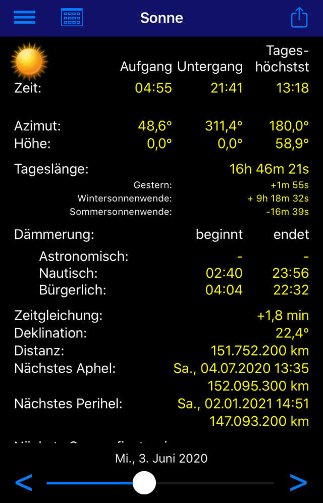 App, Sonne, Sonnenaufgang, Sonnenuntergang, Mond, Dämmerung, Blaue Stunde, Azimut, Tageslänge, Sonnenlauf, Jahreszeit, Deklination, Zeitraffer, Goldene Stunde