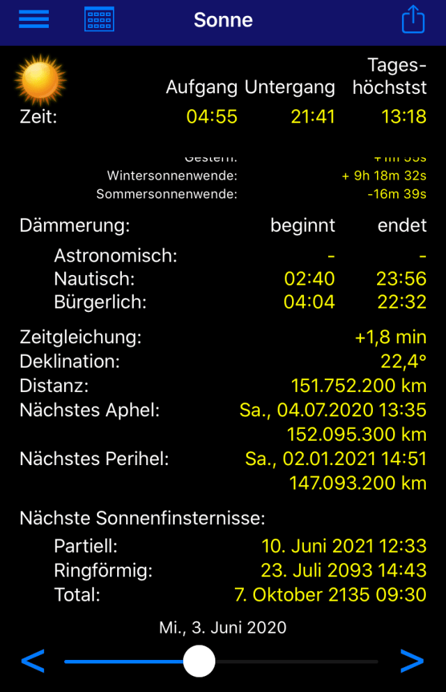 App, Sonne, Sonnenaufgang, Sonnenuntergang, Mond, Dämmerung, Blaue Stunde, Azimut, Tageslänge, Sonnenlauf, Jahreszeit, Deklination, Zeitraffer, Goldene Stunde