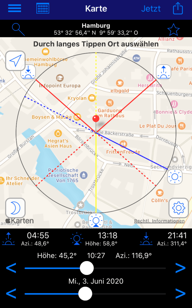 App, Sonne, Sonnenaufgang, Sonnenuntergang, Mond, Dämmerung, Blaue Stunde, Azimut, Tageslänge, Sonnenlauf, Jahreszeit, Deklination, Zeitraffer, Goldene Stunde