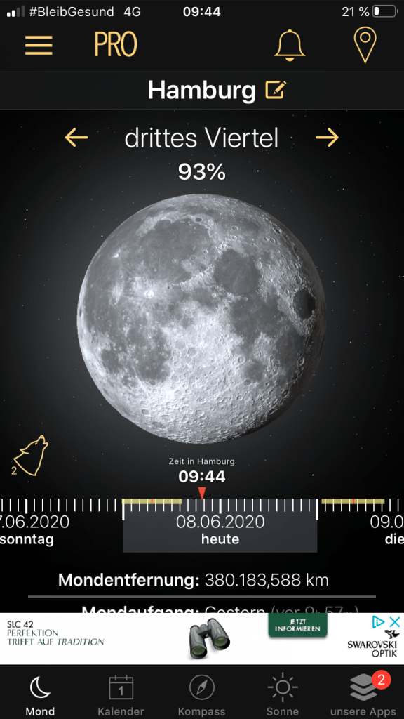 App, Mond, Zeitraffer, Verlauf, Mondphase, Vollmond, Neumond, Monduntergang, mondaufgang, Kulmination, Mondfinsternis, Position