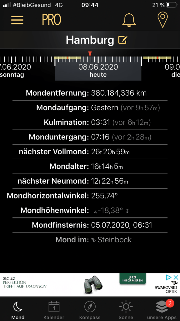 App, Mond, Zeitraffer, Verlauf, Mondphase, Vollmond, Neumond, Monduntergang, mondaufgang, Kulmination, Mondfinsternis, Position