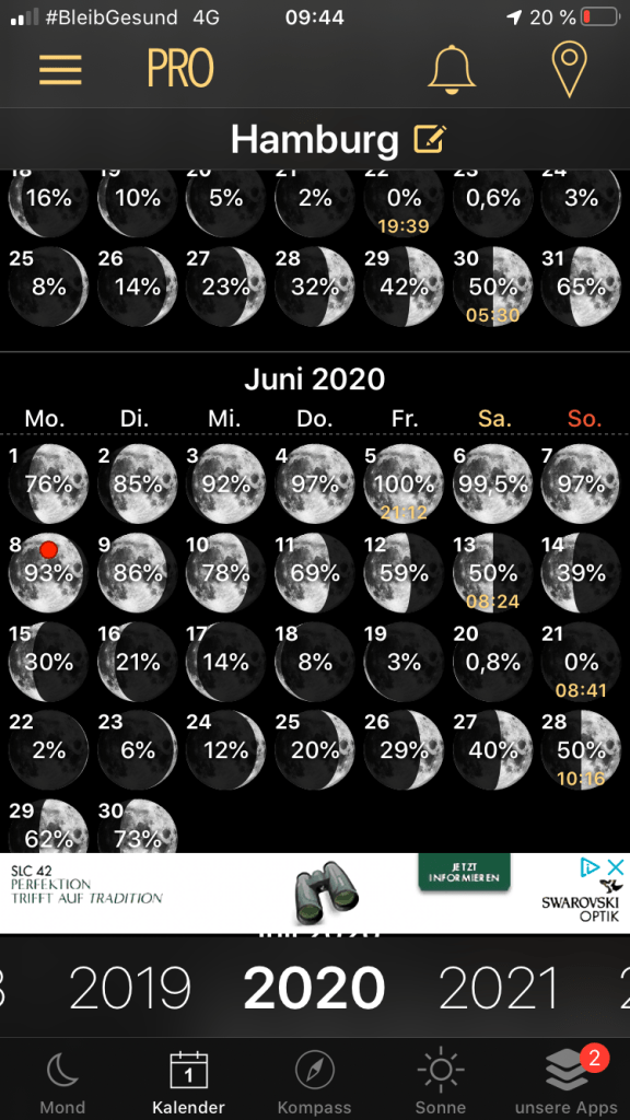 App, Mond, Zeitraffer, Verlauf, Mondphase, Vollmond, Neumond, Monduntergang, mondaufgang, Kulmination, Mondfinsternis, Position, Mondkalender