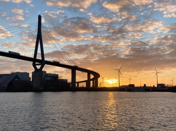 hamburg, köhlbrand, köhlbrandbrücke, sonnenuntergang, ponton, neuhof, müllverbrennung, wilhelmsburg